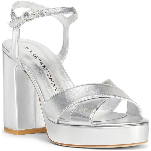 Stuart Weitzman Dayna Platform Ankle Strap Sandals Size US 8.5B Silver Leather - Picture 1 of 8